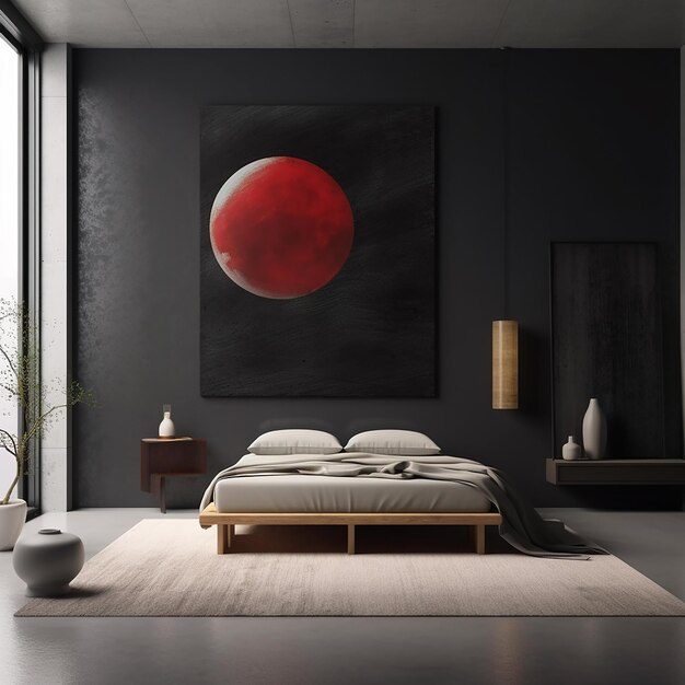 une peinture d'une lune rouge est suspendue au-dessus d'un lit.