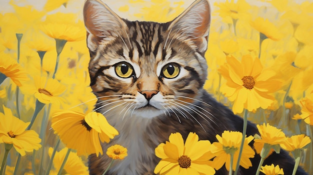 Une peinture d'un lynx dans un champ de fleurs