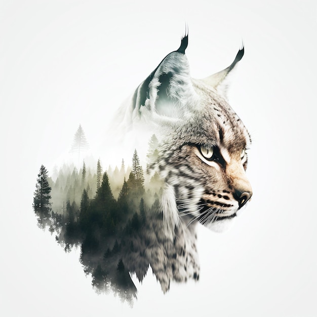 Une peinture d'un lynx avec une forêt et une montagne en arrière-plan.