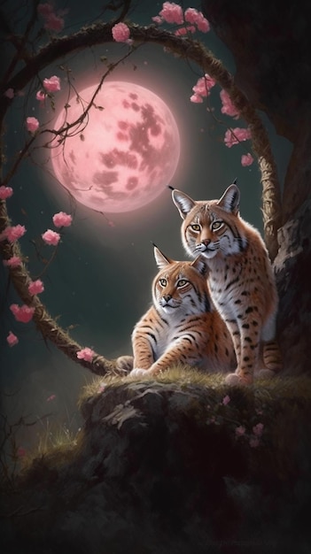 Une peinture d'un lynx et son petit sous une lune rose.