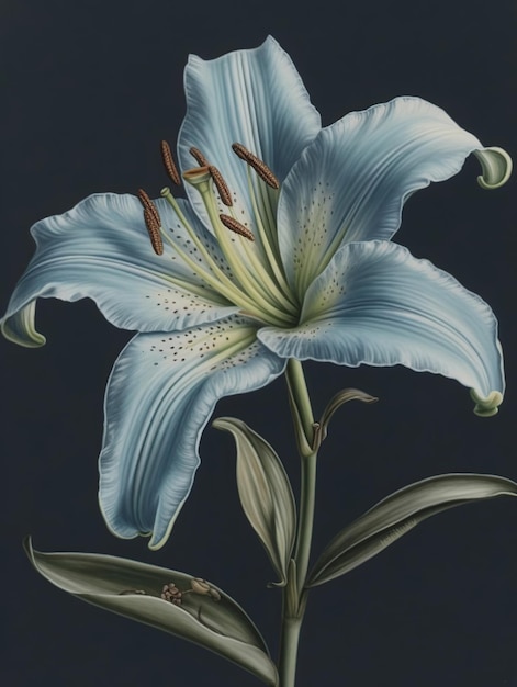 Une peinture d'un lys blanc avec une tige verte et le bas de la fleur est étiqueté " lys ".