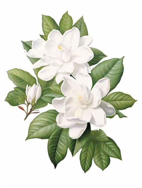 une peinture d'un magnolia blanc avec des feuilles vertes et une fleur rouge.