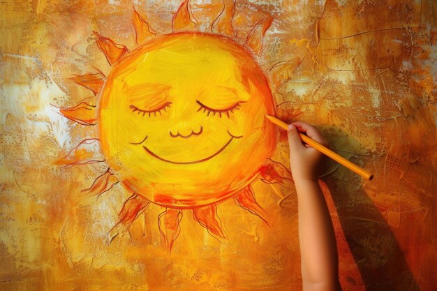 Photo peinture à la main artistique du soleil souriant sur toile