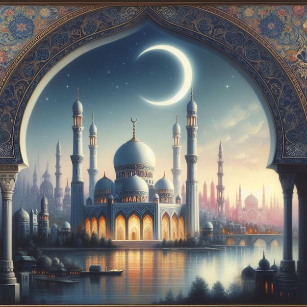 Peinture à la main d'une mosquée avec la lune en arrière-plan