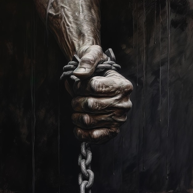 Une peinture d'une main tenant une chaîne