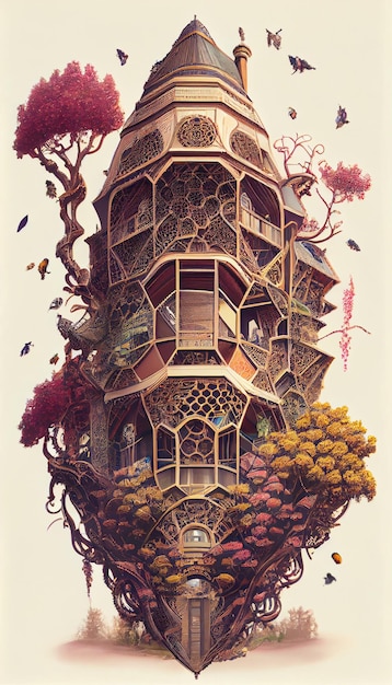 Une peinture d'une maison avec un arbre sur le dessus.