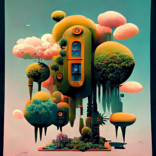 Une peinture d'une maison avec un arbre dessus