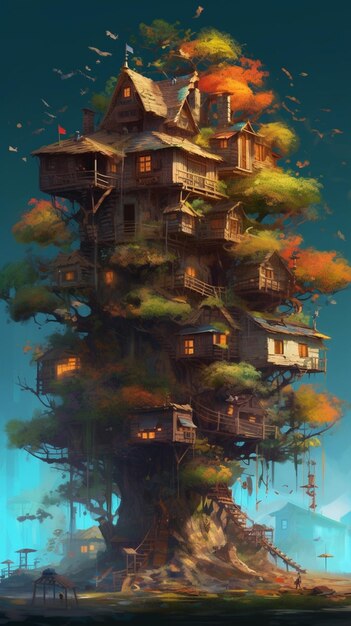 peinture d'une maison d'arbre avec un fond de ciel génératif ai