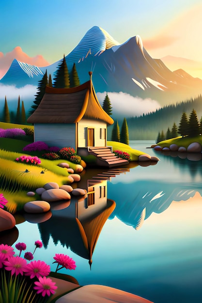 Une peinture d'une maison au bord du lac avec des montagnes en arrière-plan.
