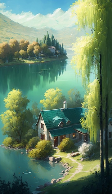 Une peinture d'une maison au bord du lac