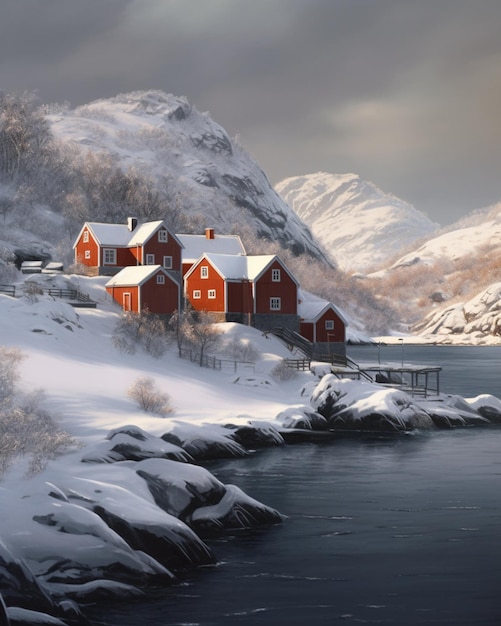 Une peinture d'une maison au bord de l'eau