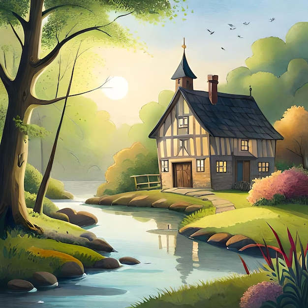 Une peinture d'une maison au bord de la rivière