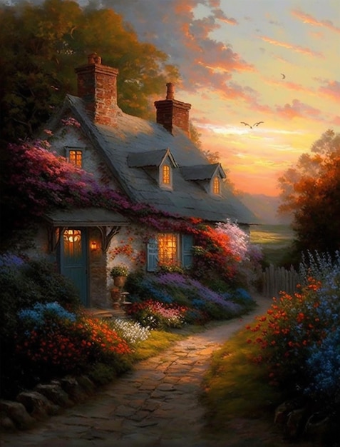 Une peinture d'une maison au coucher du soleil