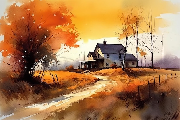 Une peinture d'une maison à l'automne