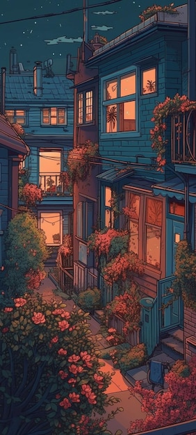 Une peinture d'une maison avec un balcon et des fleurs.