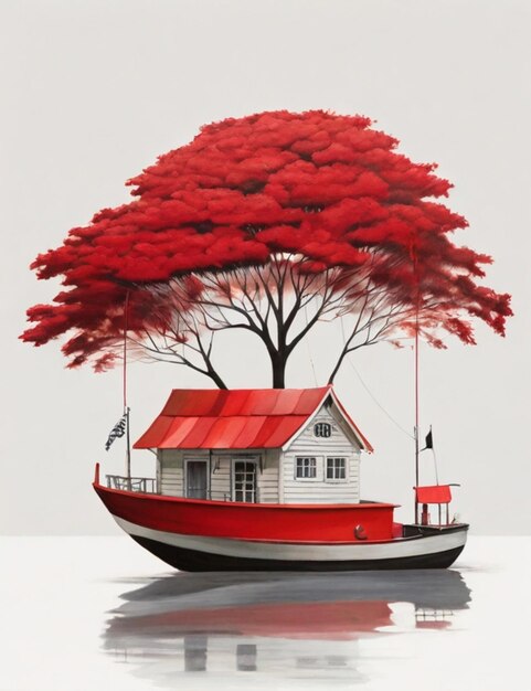 Une peinture d'une maison sur un bateau avec un arbre sur le côté