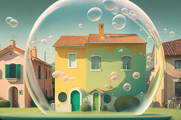 Une peinture d'une maison avec une bulle au milieu