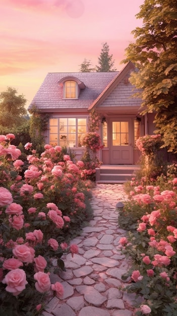 peinture d'une maison avec un chemin menant à un jardin ai génératif
