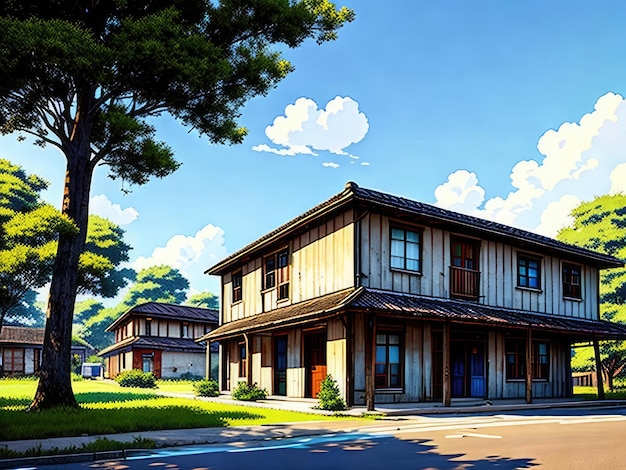 Une peinture d'une maison avec un ciel bleu et les mots " le mot " sur la façade. "