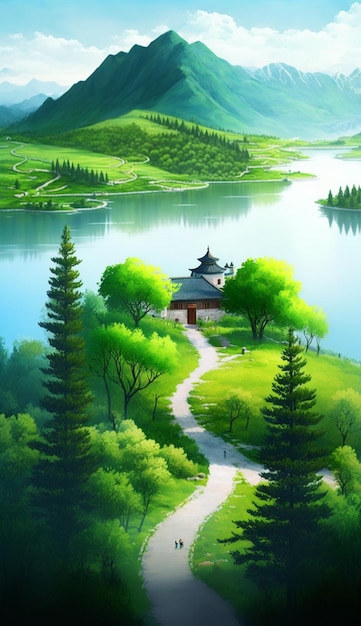 Une peinture d'une maison sur une colline avec un paysage verdoyant en arrière-plan.