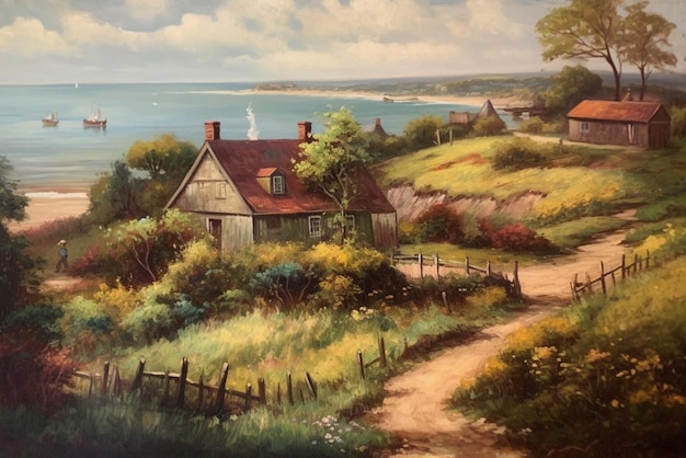 Une peinture d'une maison sur une colline avec une plage en arrière-plan.
