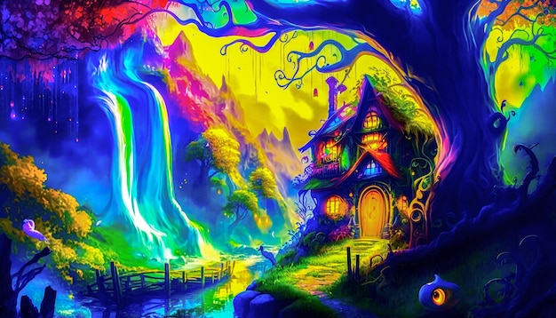 Peinture d'une maison dans les bois Fantasy IA générative
