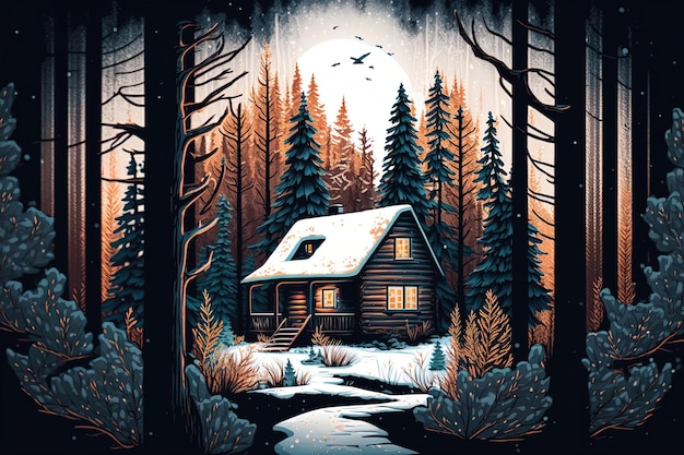 Une peinture d'une maison dans les bois avec une lune en arrière-plan.