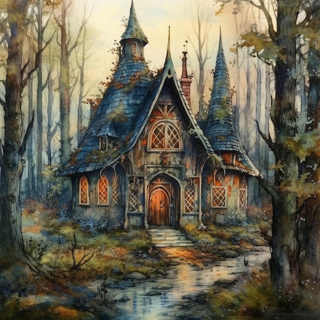 Une peinture d'une maison dans les bois.