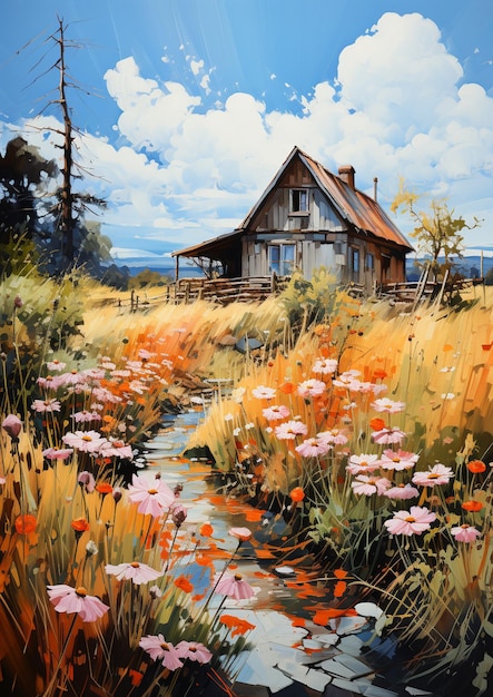 Peinture d'une maison dans un champ avec des fleurs et un ruisseau génératif ai