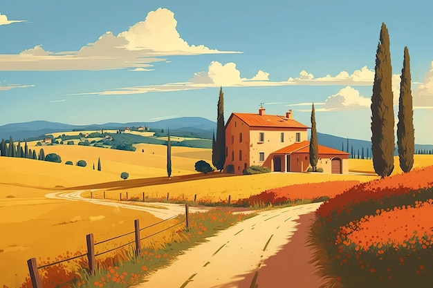 Une peinture d'une maison dans un champ de Toscane