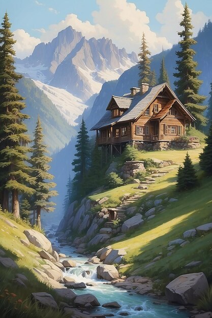 Photo une peinture d'une maison dans les montagnes