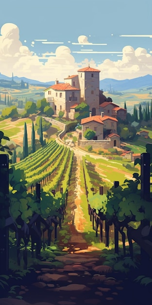 Une peinture d'une maison dans un vignoble avec une colline en arrière-plan.
