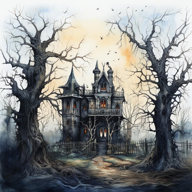 peinture d'une maison effrayante avec un arbre effrayant et une clôture ai générative