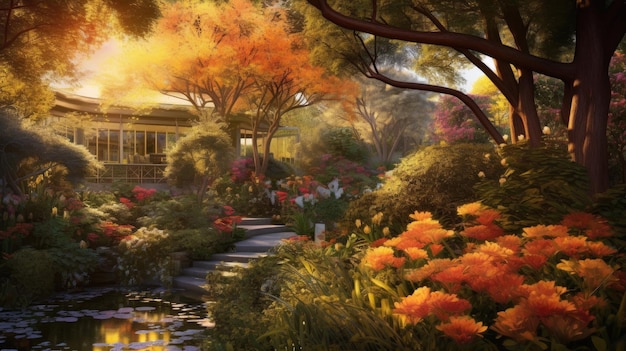 Une peinture d'une maison entourée d'arbres et de fleurs.