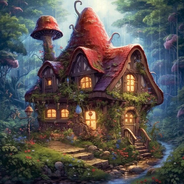 Peinture d'une maison de fées dans les bois avec un ruisseau qui la traverse