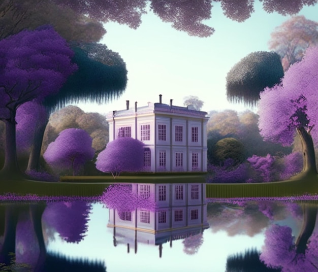 Photo une peinture d'une maison avec des feuilles violettes et le reflet du lac.