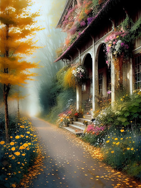 Une peinture d'une maison avec des fleurs au sol
