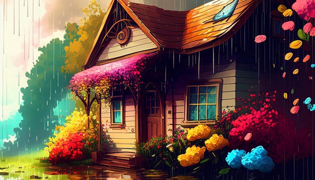 Une peinture d'une maison avec des fleurs dans le jardin.