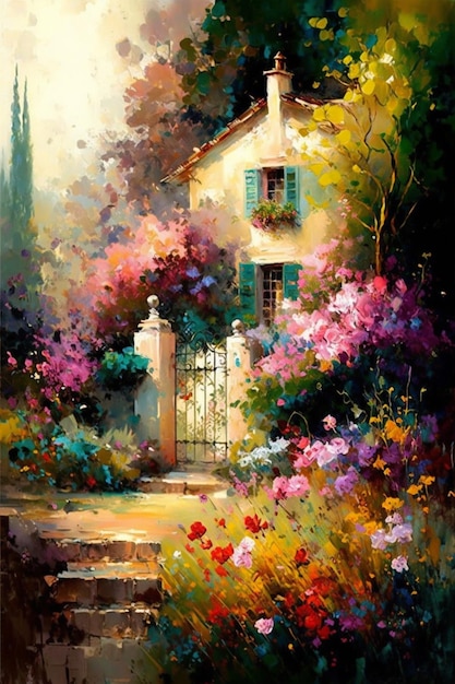 Une peinture d'une maison avec des fleurs dans le jardin.
