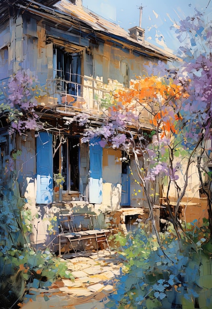 une peinture d'une maison avec des fleurs violettes sur la façade.