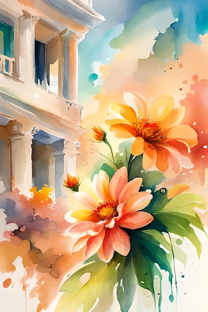 Une peinture d'une maison avec des fleurs