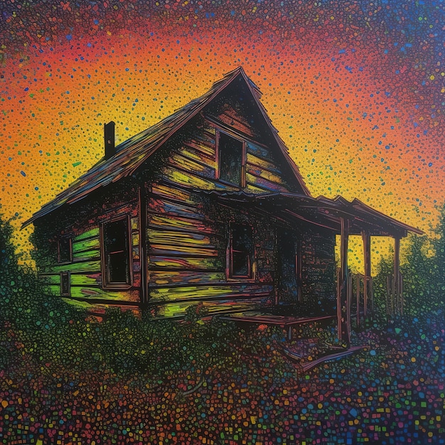 Une peinture d'une maison avec un fond coloré qui dit "cabane" dessus