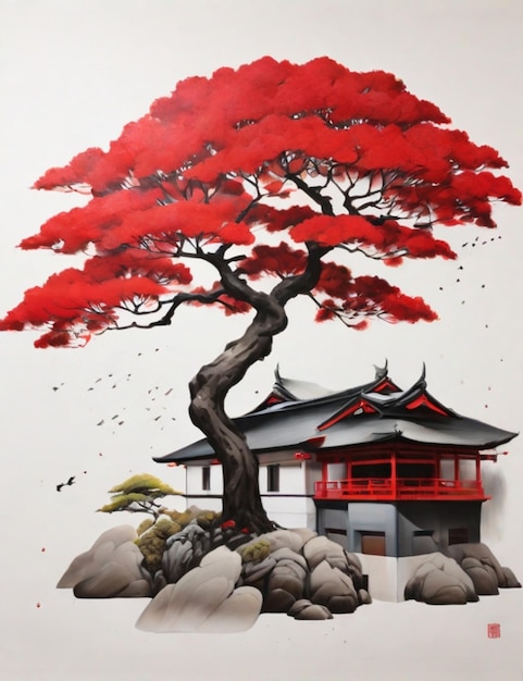 Photo une peinture d'une maison japonaise avec un arbre au premier plan