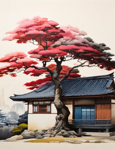 Photo une peinture d'une maison japonaise avec un arbre au premier plan