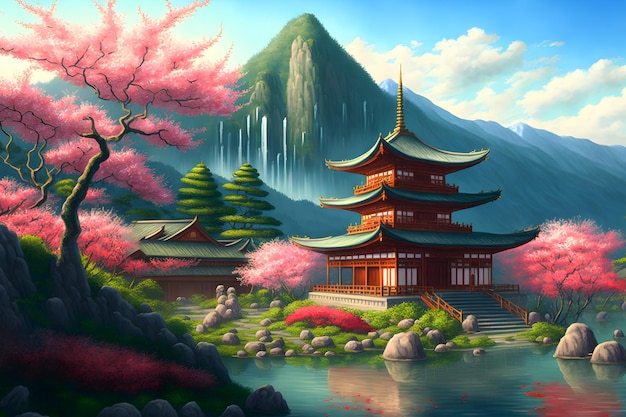Une peinture d'une maison japonaise avec une montagne en arrière-plan