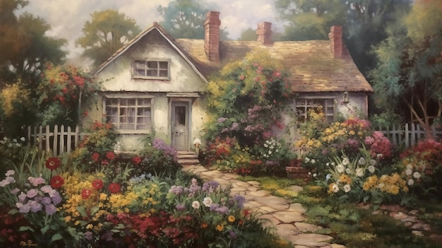 Une peinture d'une maison avec un jardin au premier plan et une maison avec un jardin en arrière-plan.