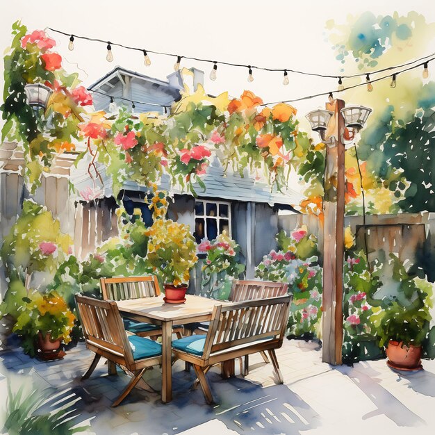 une peinture d'une maison avec un jardin et une table de patio