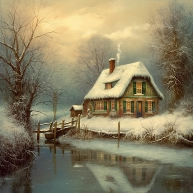 Peinture d'une maison sur un lac enneigé avec un pont ai génératif