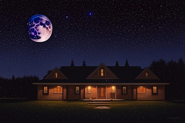 Une peinture d'une maison avec une lune dans le ciel