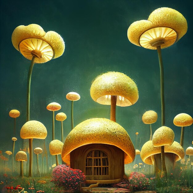 Une peinture d'une maison avec une maison aux champignons au milieu.